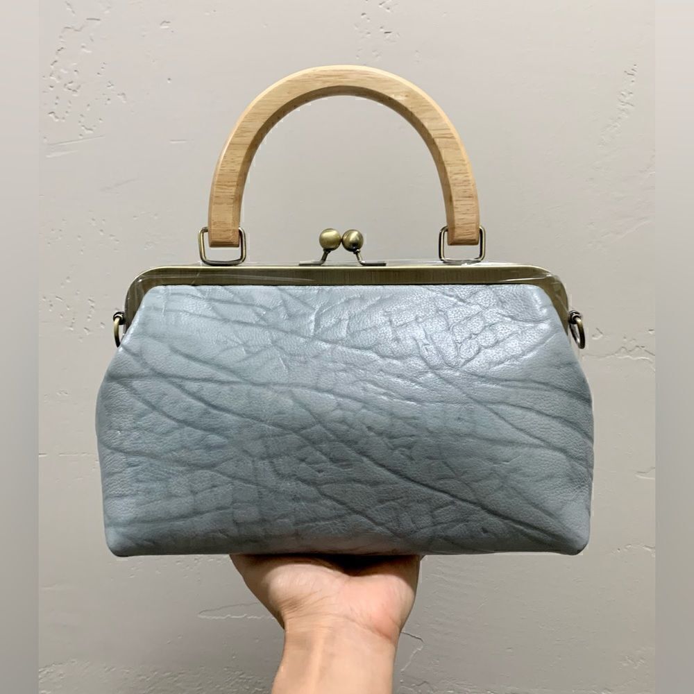 Handmade Genuine Embossed Cowhide, Wood Handle Kiss-lock Satchel Bag